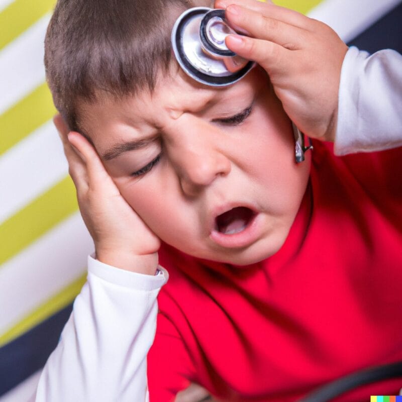 Ragazzo traumatizzato con dolore alla testa durante visita medica pediatrica, con medico che esamina la testa del bambino, ambiente clinico, pronto intervento, cura e assistenza pediatric.