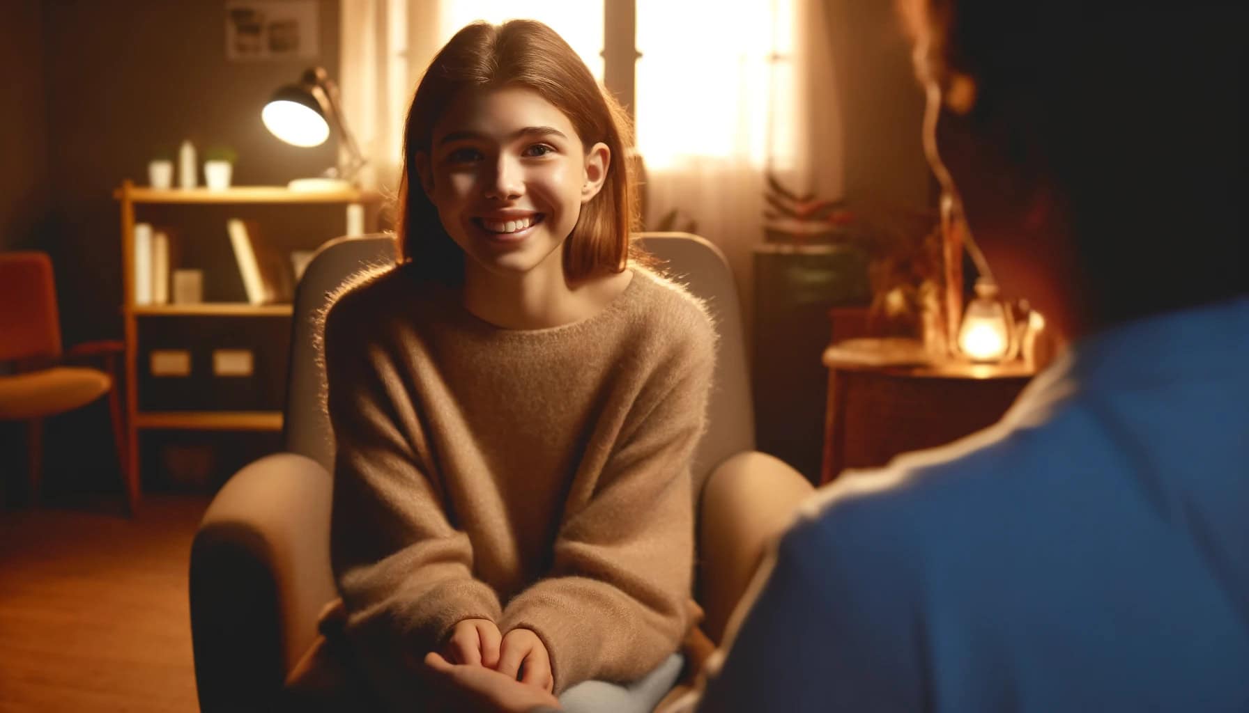 Ragazza sorridente durante una consulenza psicologica in un ambiente confortevole e accogliente, terapia viso a viso, atmosfera calda e familiare, benessere emotivo, supporto psicologico per adolescenti.