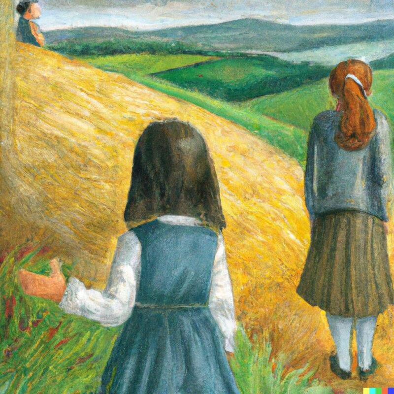 Campo di grano con persone che camminano, paesaggio rurale, arte impressionista, natura italiana, tranquillità e bellezza naturale, scena di campagna, arte paesaggistica, pittura di campagna, immagine di paesaggi italiani.
