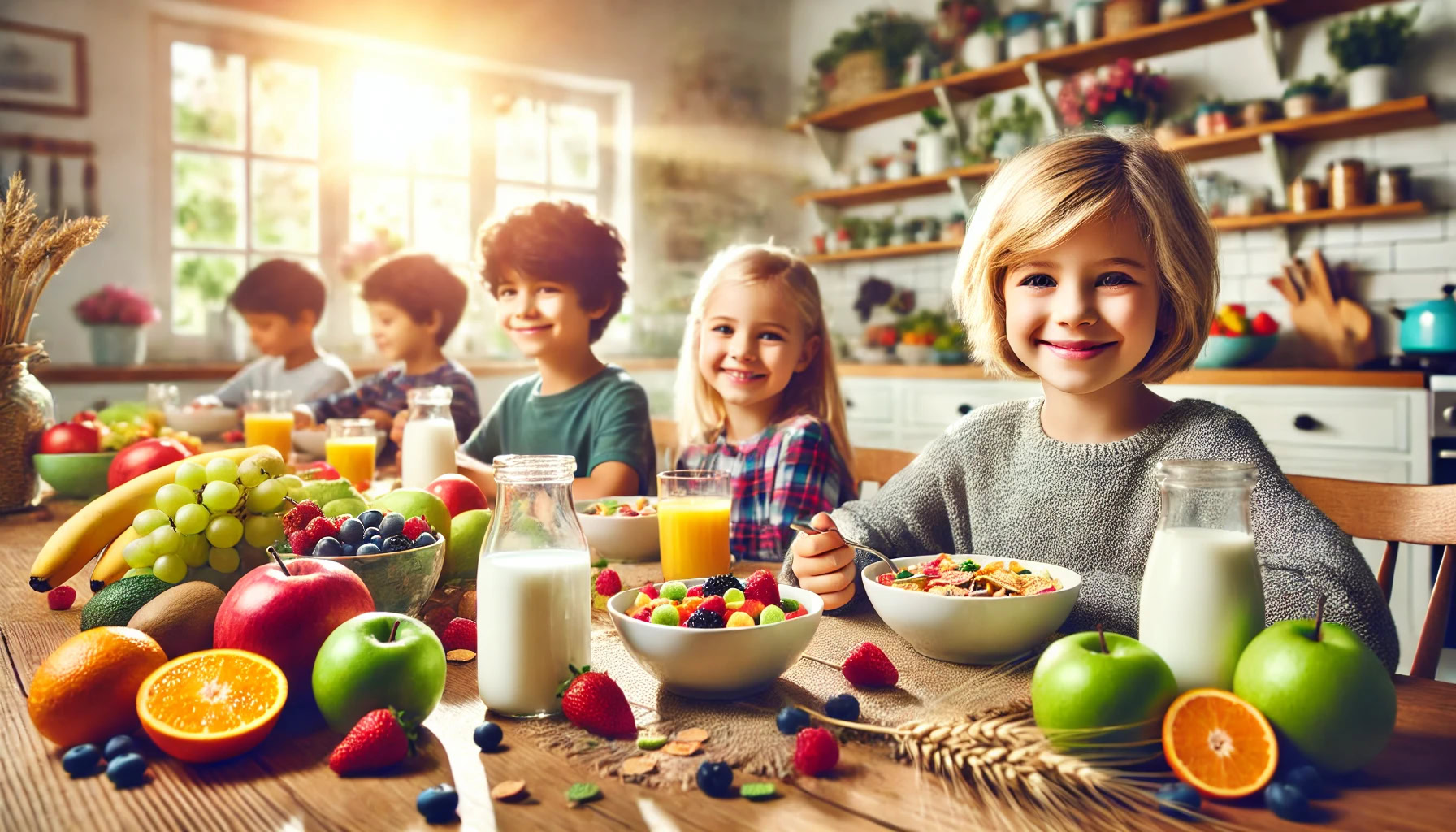 Frunde fresche e cereali per una colazione sana con bambini felici che si godono un pasto nutriente e colorato in una cucina luminosa e accogliente.