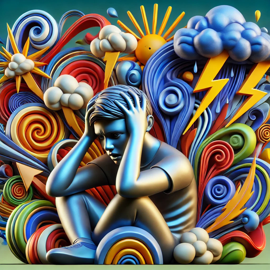 Disturbo d'ansia, disagio mentale e stress, rappresentati da una scultura di un ragazzo in preda a malessere interiore circondato da nuvole, fulmini e spirali colorate, simbolo di emozioni tumultuose e disagio psicologico.
