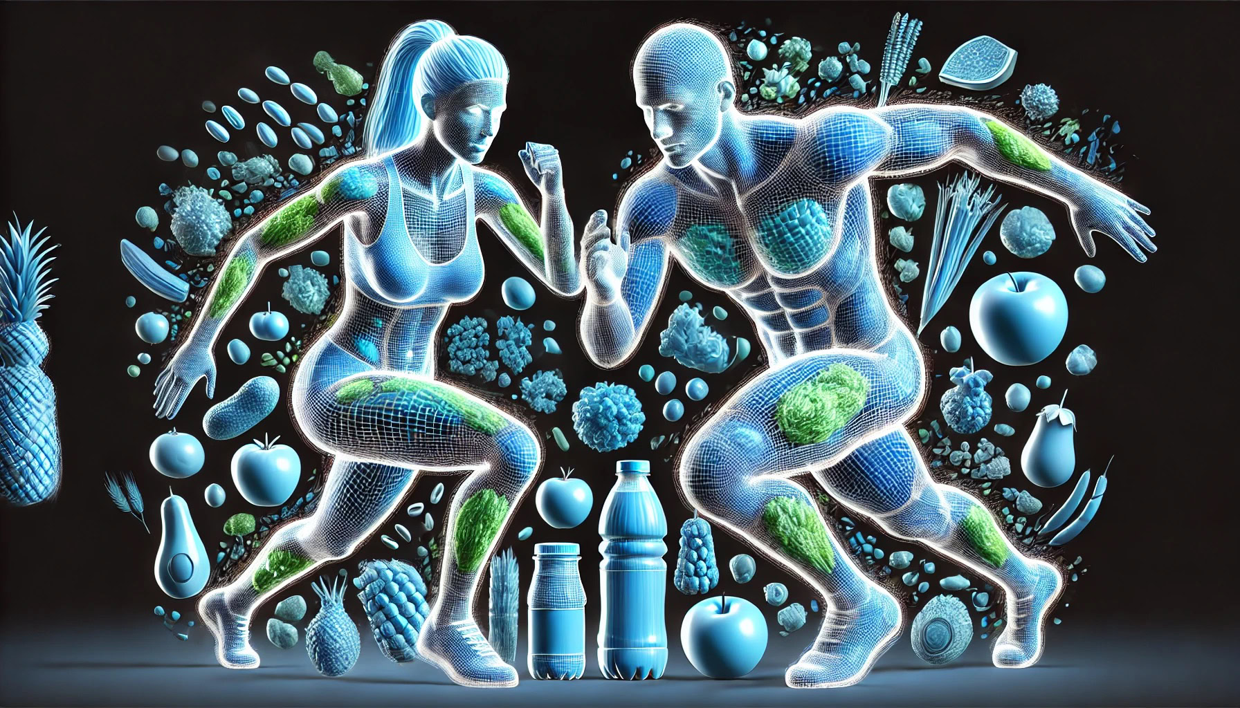 Sano e attivo, uomo e donna in movimento con elementi di cibo e integratori alimentari, rappresentando benessere, nutrizione e integratori naturali.