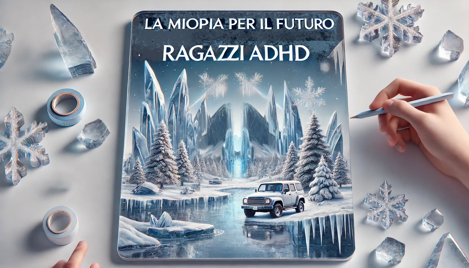 Alta text: Poster pubblicitario con paesaggio invernale e auto 4x4, promuove la consapevolezza sulla miopia e l'ADHD tra i giovani, con elementi di ghiaccio e natura invernale.