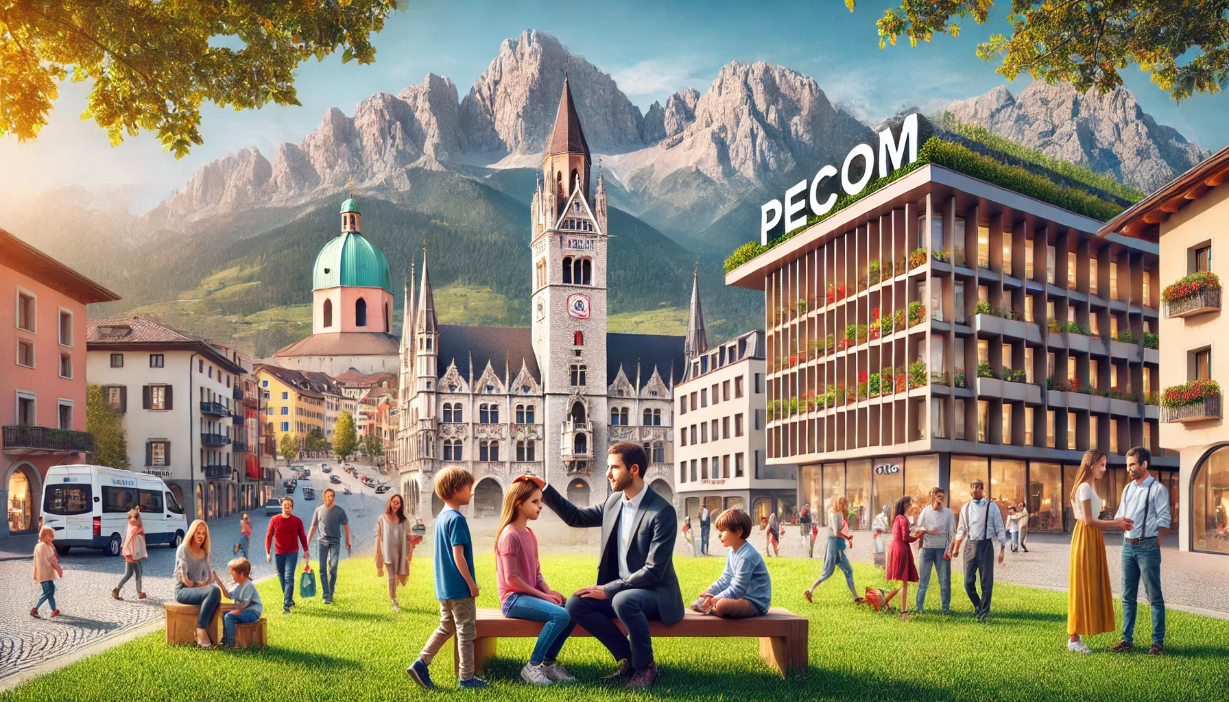 Pecom edificio moderno nel centro di una città alpina con montagne sullo sfondo e persone che socializzano in un'area verde, combinando architettura tradizionale e moderna.
