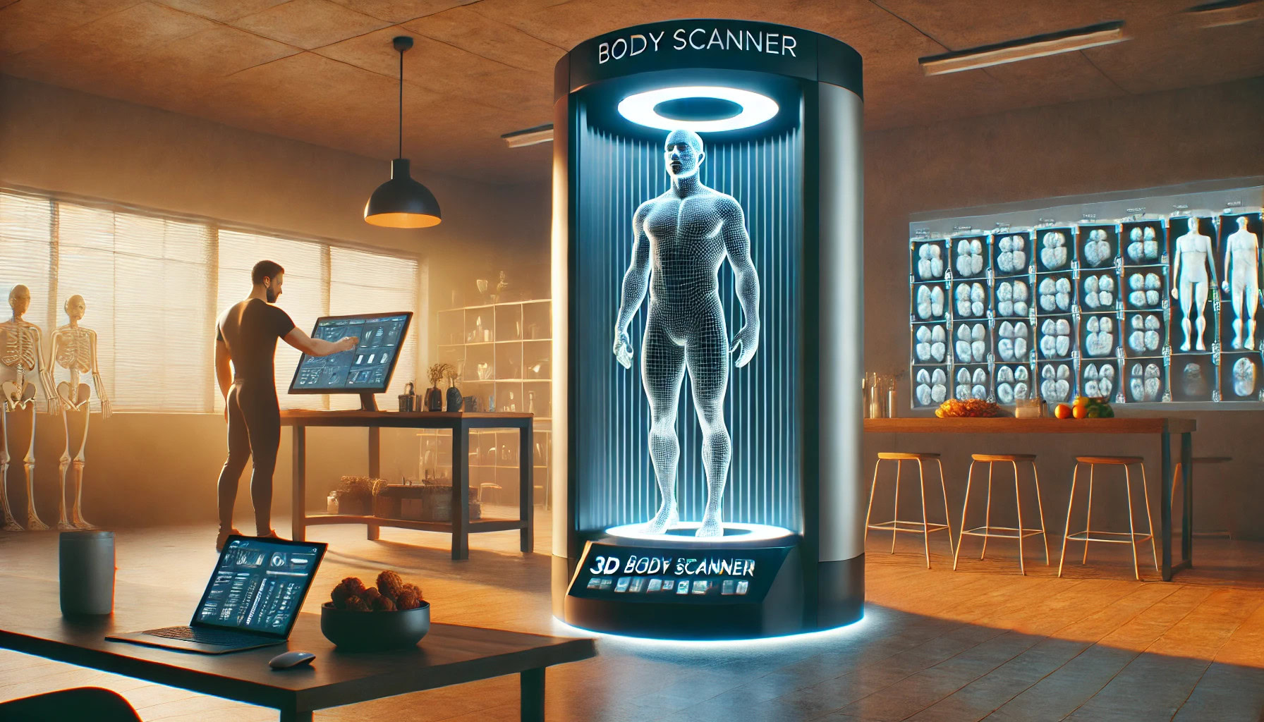 Scanner del corpo 3D per analisi estetica e medica presso Pecom, tecnologia avanzata per scansioni corporee precise in ambienti clinici e benessere.