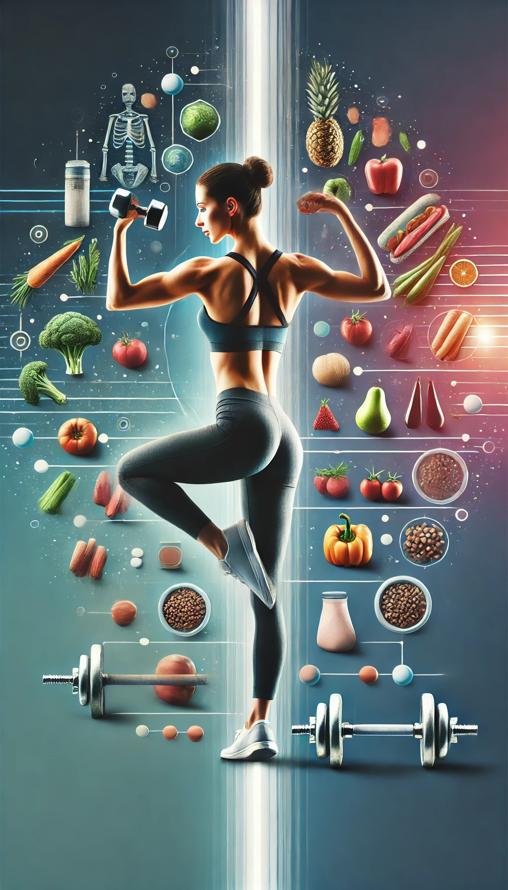 Donna che solleva un manubrio, circondata da alimenti sani e attrezzature fitness, promuovendo uno stile di vita salutare e l'importanza di una nutrizione equilibrata e dell'esercizio fisico.