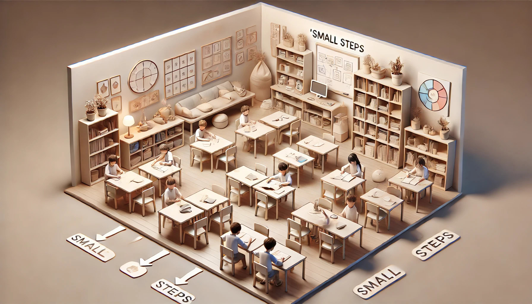 Atmosfera di studio in una stanza calda e accogliente con sedie e tavoli per bambini, scaffali pieni di libri e decorazioni in stile minimalista, ideale per sessioni educative e di apprendimento.