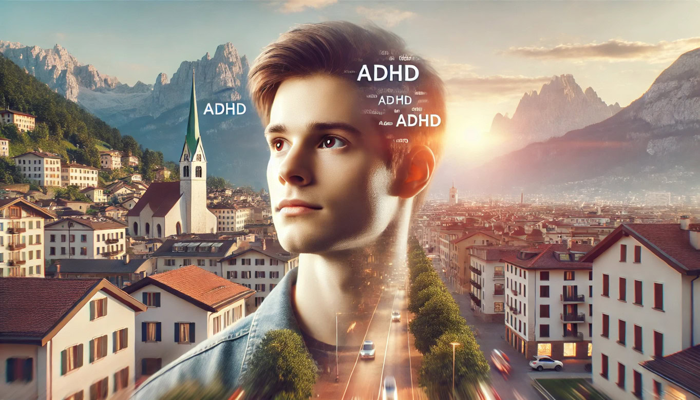 Neurodiversità, ADHD, giovane uomo pensieroso in città con montagne, rappresenta attenzione e consapevolezza sui disturbi dell'attenzione e iperattività.