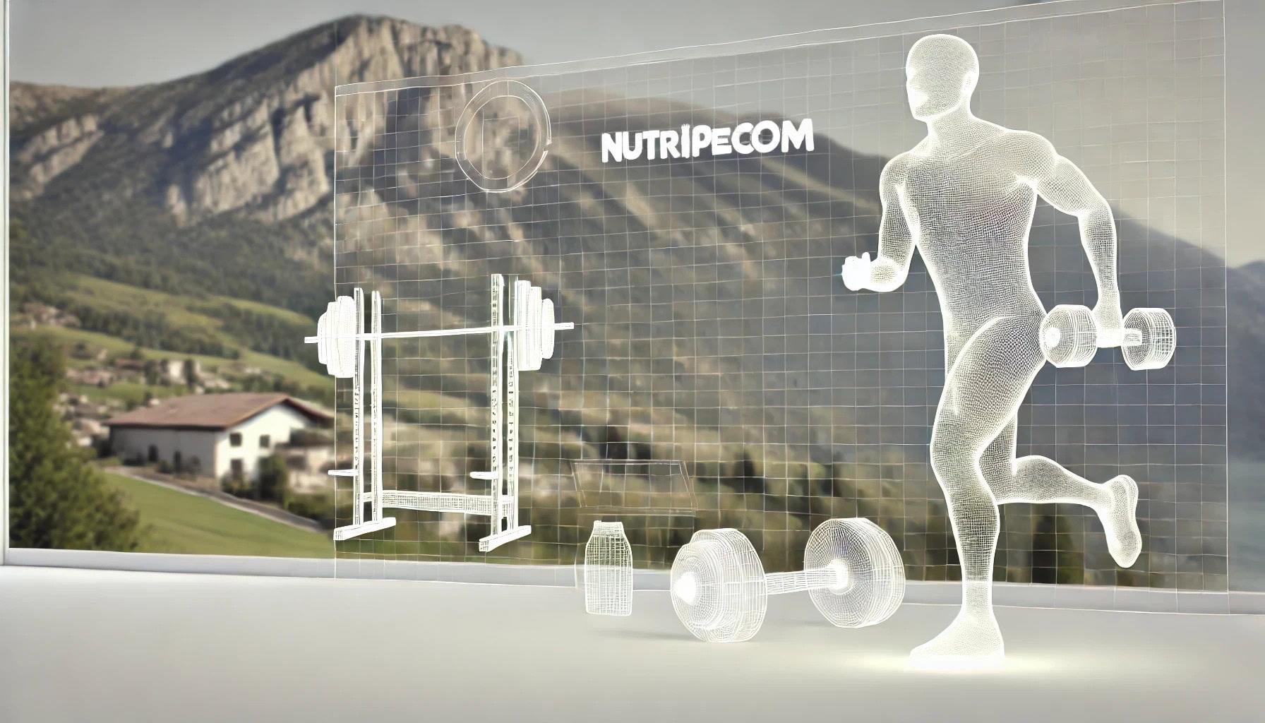 Barcode di un uomo che corre con manubri, modello digitale 3D, con attrezzature per palestra e logo Nutripecom, ambientato con paesaggio montano sullo sfondo, rappresenta innovazione nel settore salute e fitness.