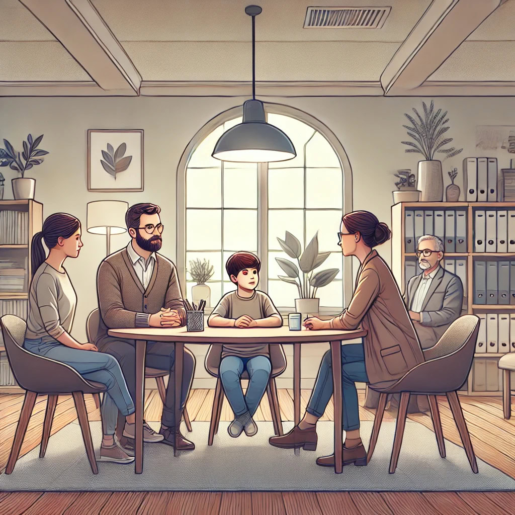 L'illustrazione di un bambino, i suoi genitori, il maestro e la psicoterapeuta intorno a un tavolo in un ambulatorio. L'immagine vuole rappresentare l'approccio multimodale che vede coinvolgere tutti i personaggi attivi nella vita del bambino.