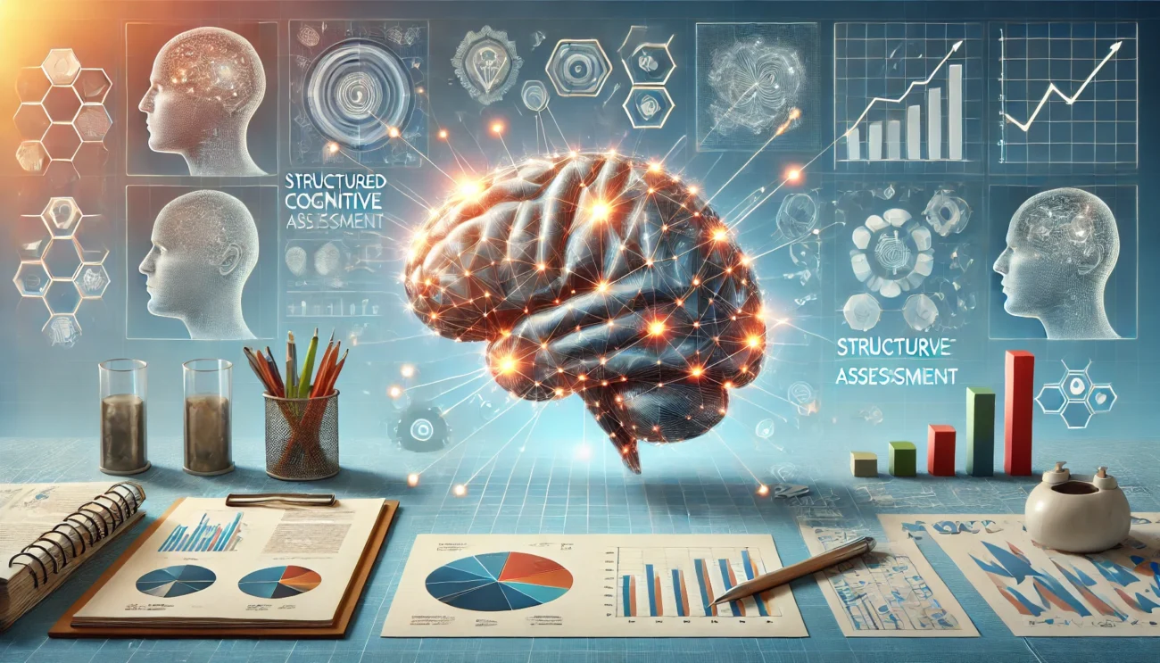 Illustrazione concettuale della valutazione cognitiva. Si presentano strumenti di analisi come schemi, grafici e un cervello stilizzato.
