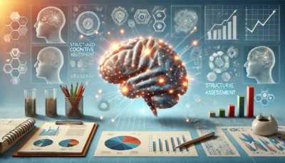 Illustrazione concettuale della valutazione cognitiva. Si presentano strumenti di analisi come schemi, grafici e un cervello stilizzato.