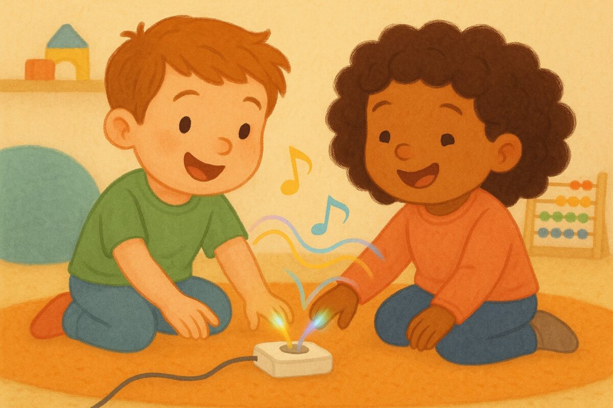 Due bambini durante una sessione di musicoterapia mentre utilizzano strumenti avanzati